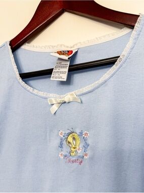 Baby Blue Tweety Bird Ribbed Tee Y2K Cute Size 2XL